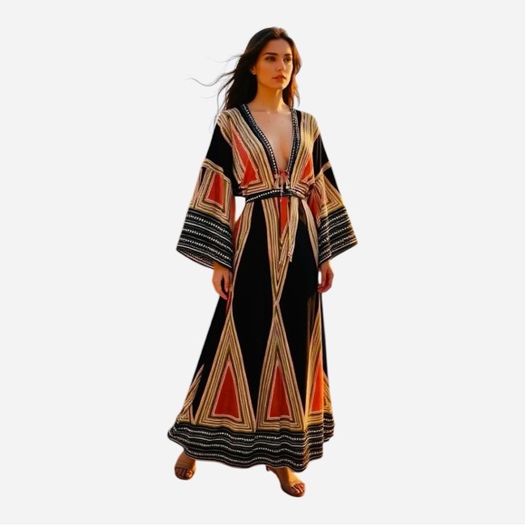 ONE CLOTHING CO boho maxi dress rayon plunge neckline bell sleeves women’s small - Picture 1 of 16
